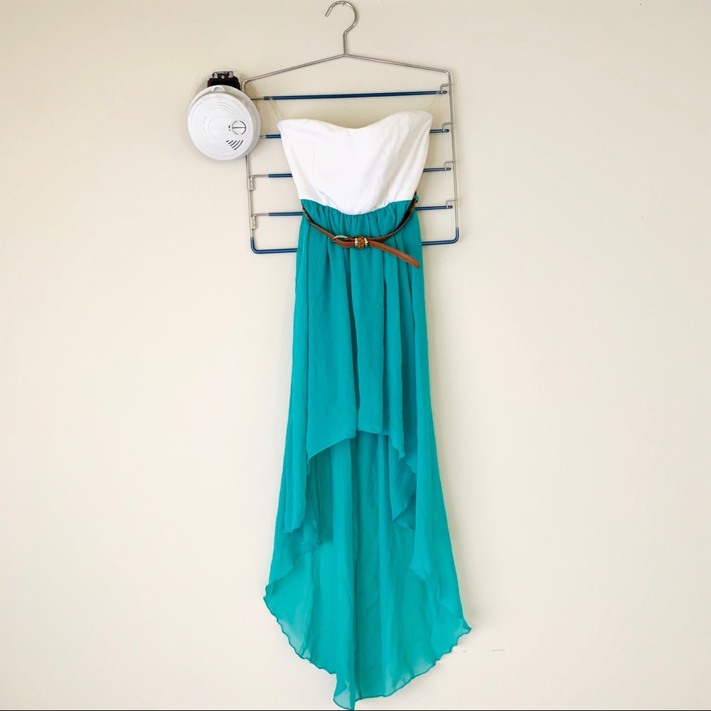 Strapless Key-Hole Back High Low Teal Dress